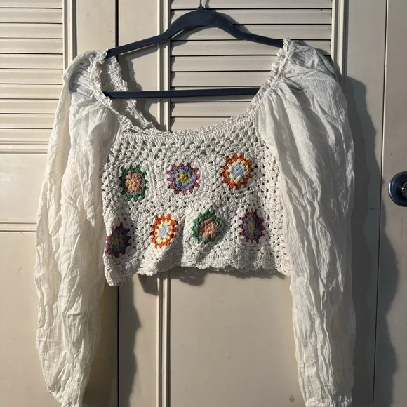 Aerie White Crochet Blouse with Colorful Accents - Picture 3 of 6
